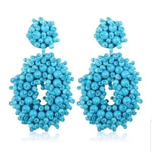 NEW Statement Bead Hoop Earrings Blue Boho Dangle Chic Festival